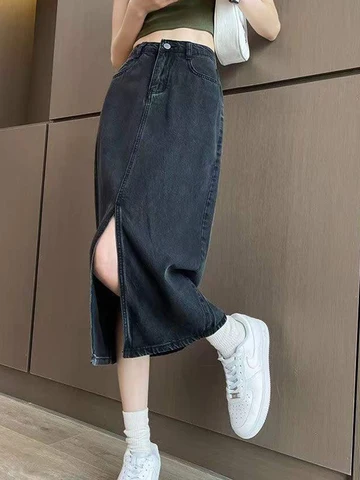 Summer Maxi Denim Skirt for Women 2023 Vintage High Waist Blue Black Long Jeans Skirt Spring Female A-line Split Denim Skirts