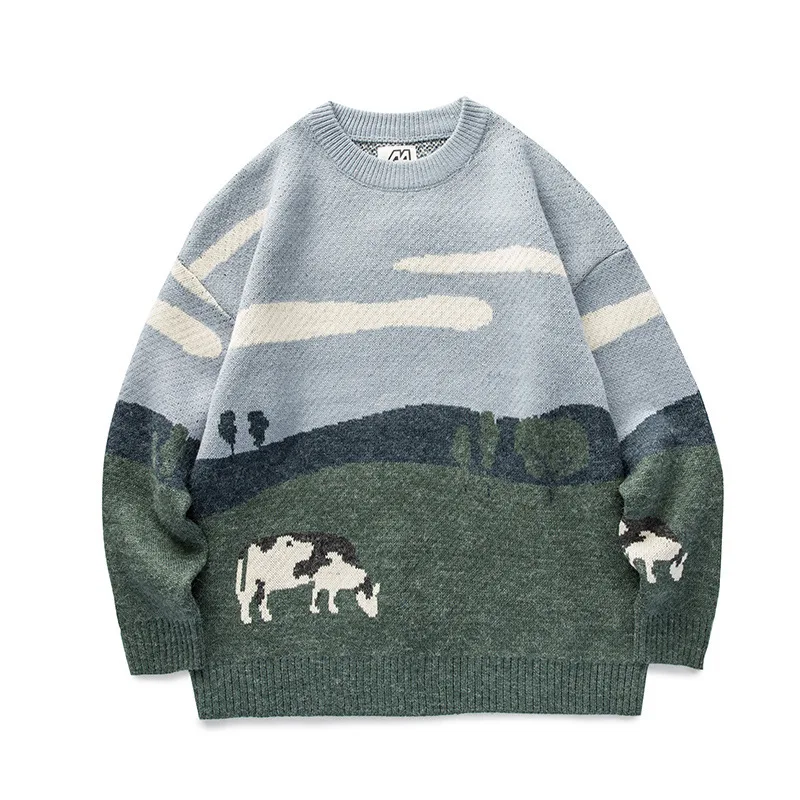 

Harajuku Men Cows Vintage Knitted Sweaters Pullover Mens O Neck Casual Fashions Sweater Couples Winter Streetwear Y2k Clothes
