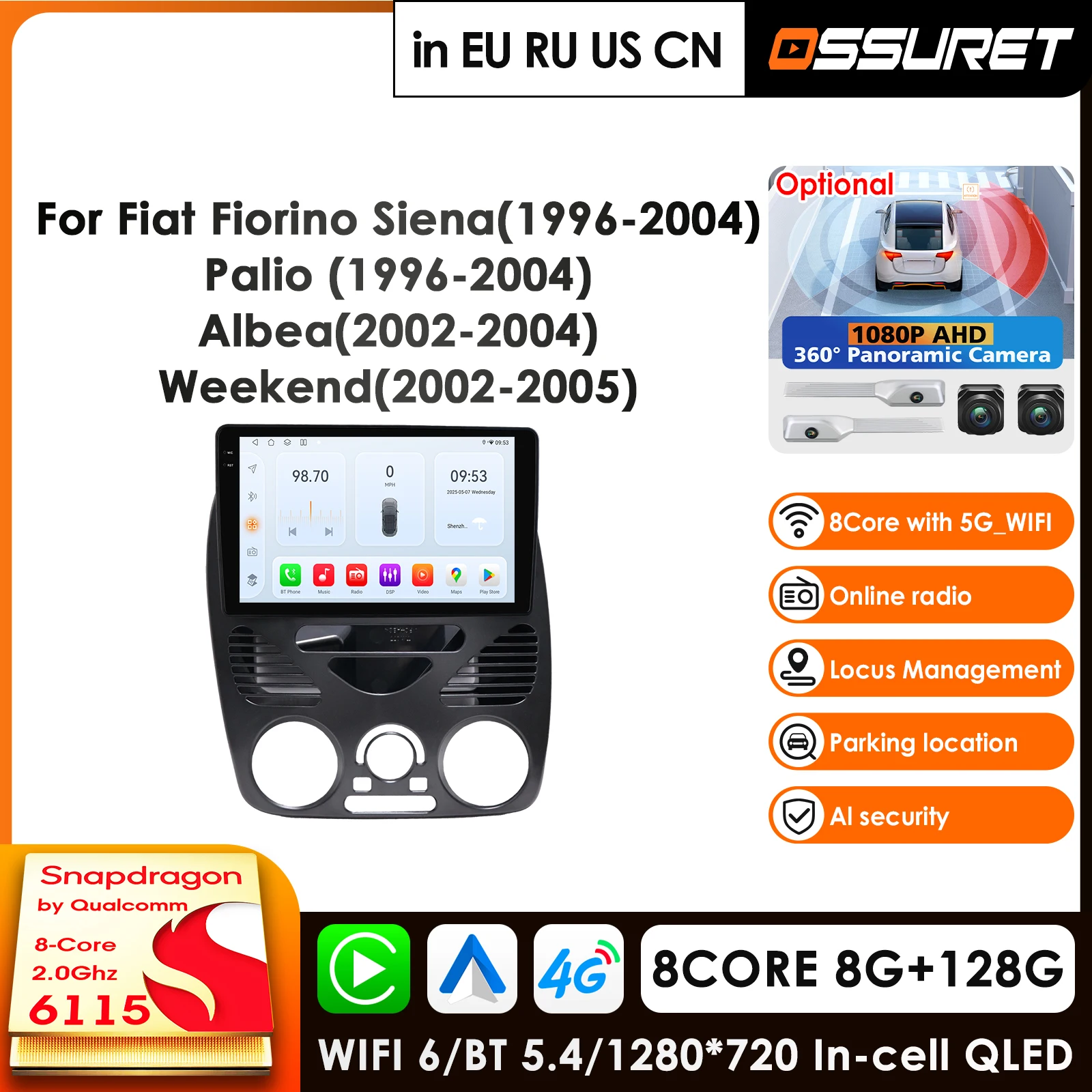 Фото Автомагнитола с CarPlay, 4G, AI-системами и Android 14 для Fiat Siena 1996-2004, Palio, Albea 2002-2004, Weekend 2002-2005, GPS, BT №1