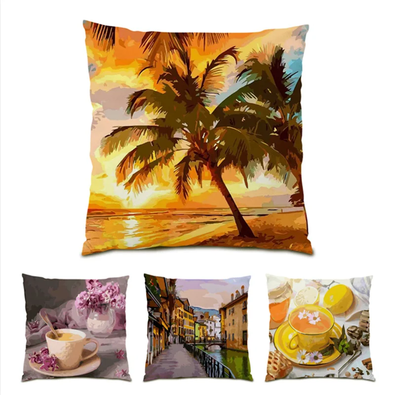 

Sofa Decorative Pillow European Style Living Room Decoration Nature Landscape Pillowcase Funny Polyester Linen Velvet Home E1156