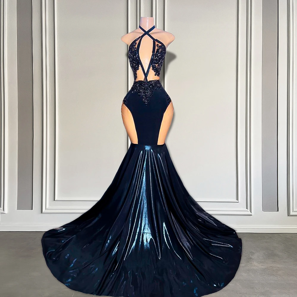 

Длинные Выпускные платья 2023 пикантные русалки стиль Холтер Вышивка бисером аппликация черная кожа африканских девушек строгие вечерние пл...