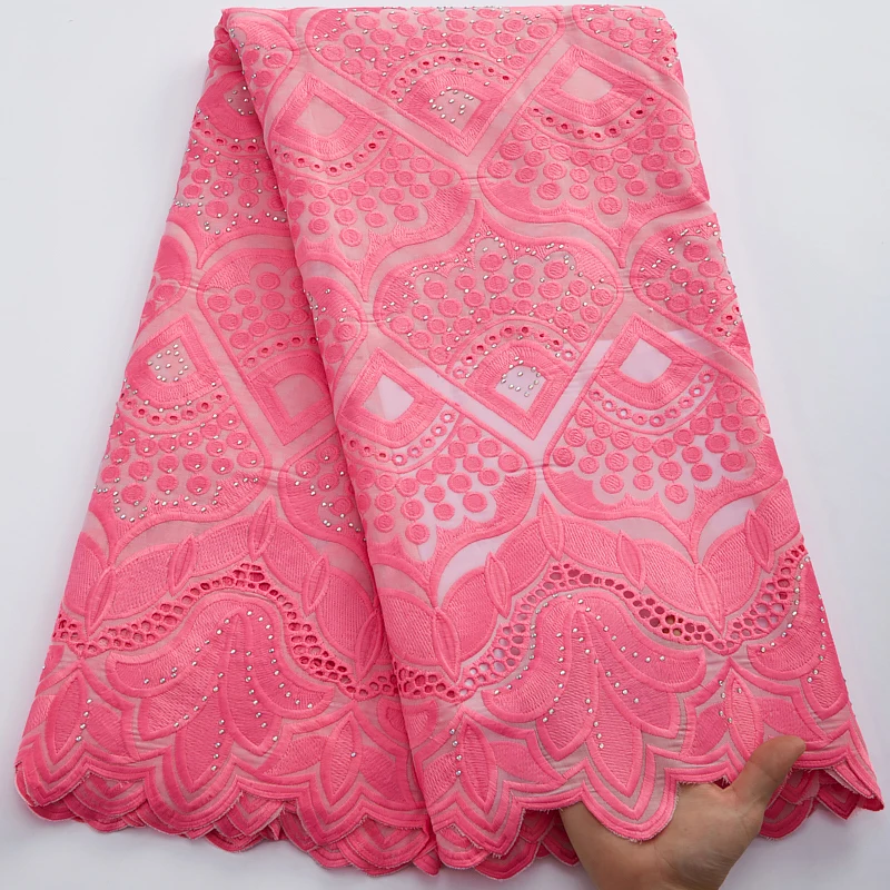 

2022 Высококачественная французская африканская швейцарская вуаль, кружевная ткань, розовая с камнем, нигерийская вышивка, сухая хлопчатобумажная кружевная ткань 2986A