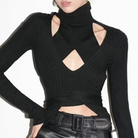 knitwear new irregular hollow out high neck solid color short top female slim sweater female spring 2022