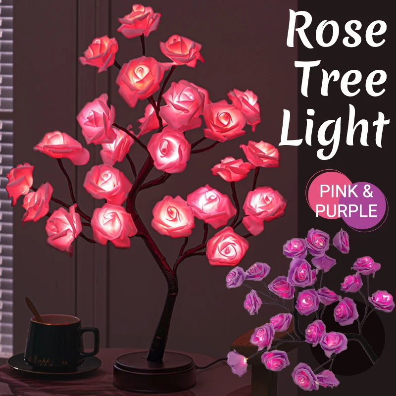 24 LED Rose Tree Light Table Lamp Night Light Fairy Tree Lamp 4.5V DC for Home Party Christmas Wedding Bedroom Indoor Decoration