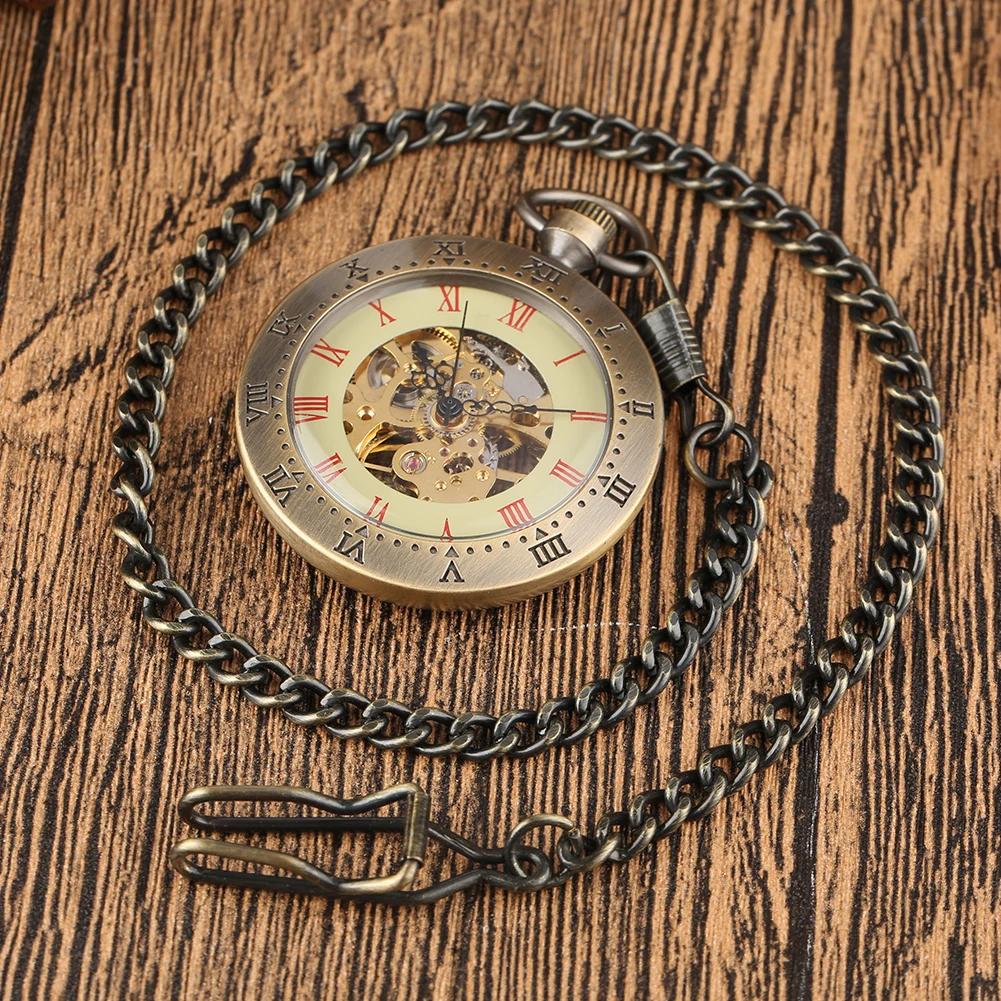 Red Roman Numerals Display Open Face Bronze Pendant Manual Mechanical Pocket Watch Elegant Vintage Hand-Winding Pocket Timepiece