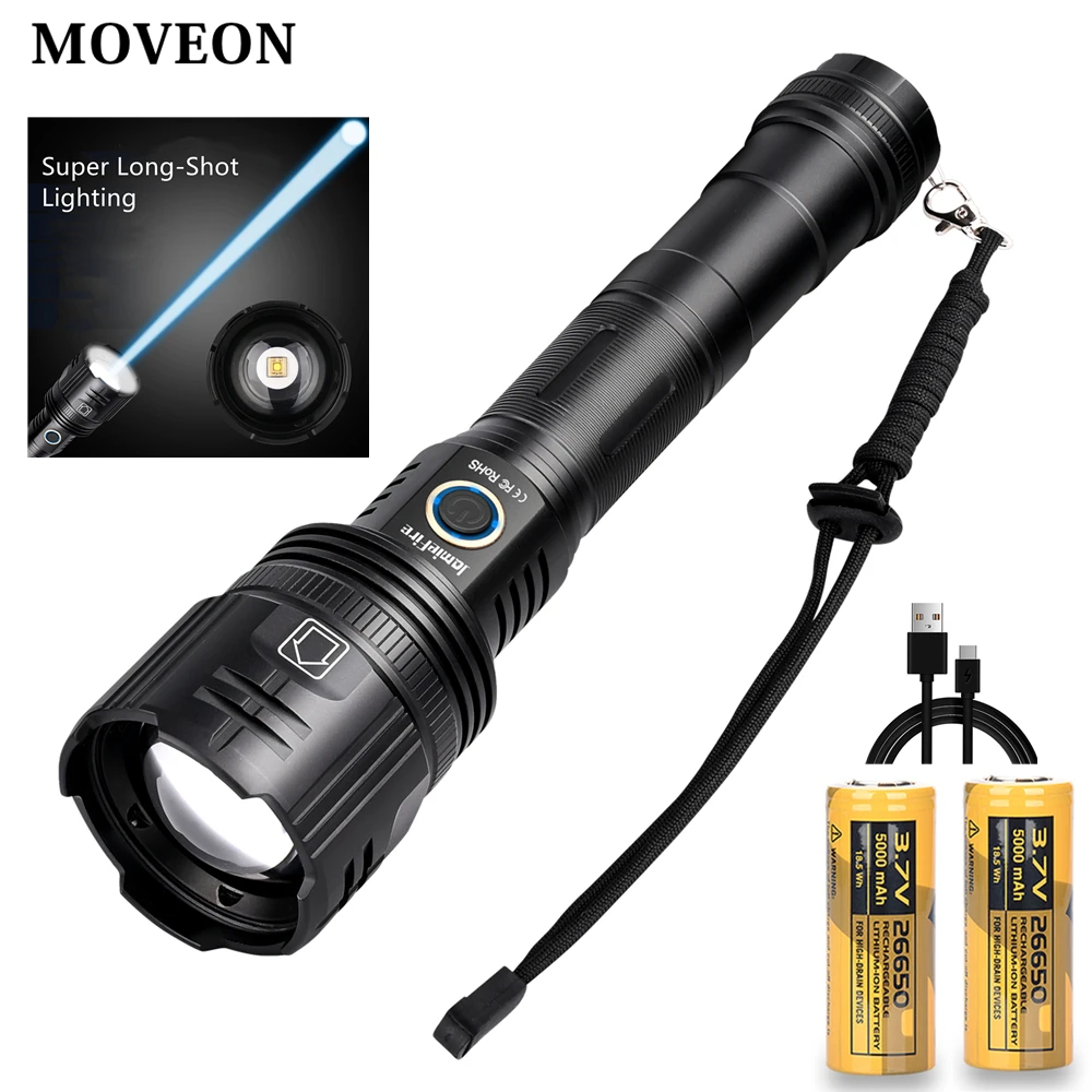 Rechargeable LED Flashlight High Lumen Super Long-range Powerful Tactical Torch Type-C 30W White LED for Outdoor Camping Hunting