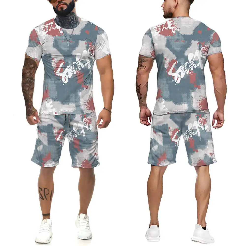 

Комплект спортивной одежды для мужчин, футболка и штаны для фитнеса, комплект из 2 предметов с 3D-принтом, с круглым вырезом