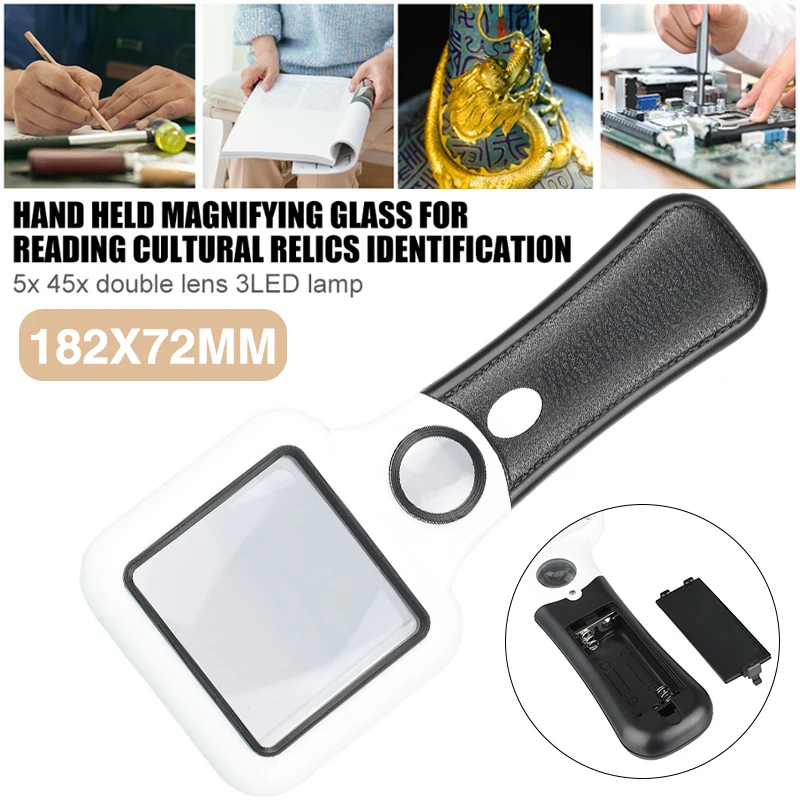 

Portable 45X Magnifying Glass 5X Handheld Magnifier Double Color 72mm Glass Lenses LED Lighted Jewelry Reading Loupe