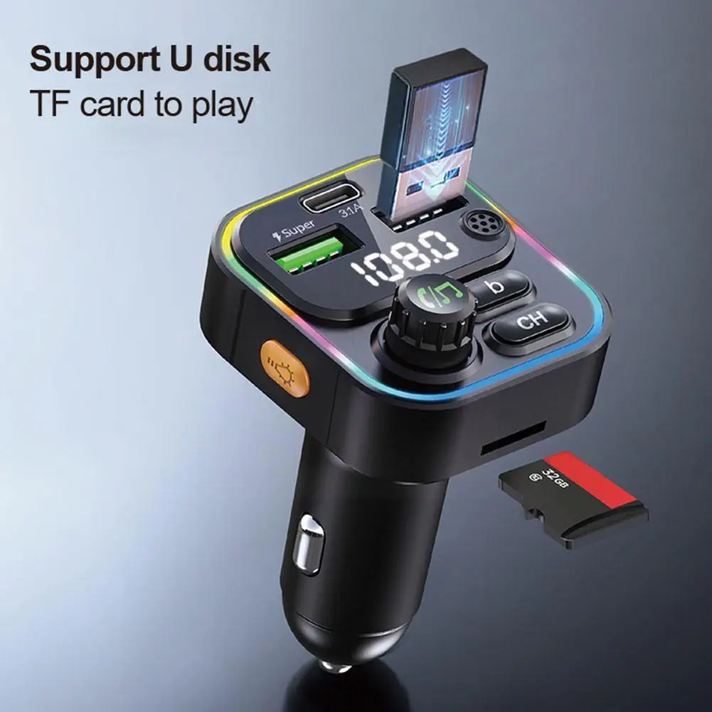 

Автомобильное зарядное устройство с Bluetooth 5,0, USB, FM-передатчик, 22,5 Вт/QC3.0, быстрая зарядка, RGB плеер PD20W MP3 U9Y5