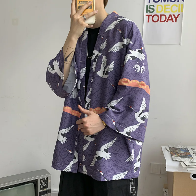 3/4 Sleeve Cotton Men Kimono Robe Casual Loose Hanfu Chinese Style Print Auspicious Clouds Thin Jacket Summer 5XL Home Cardigan