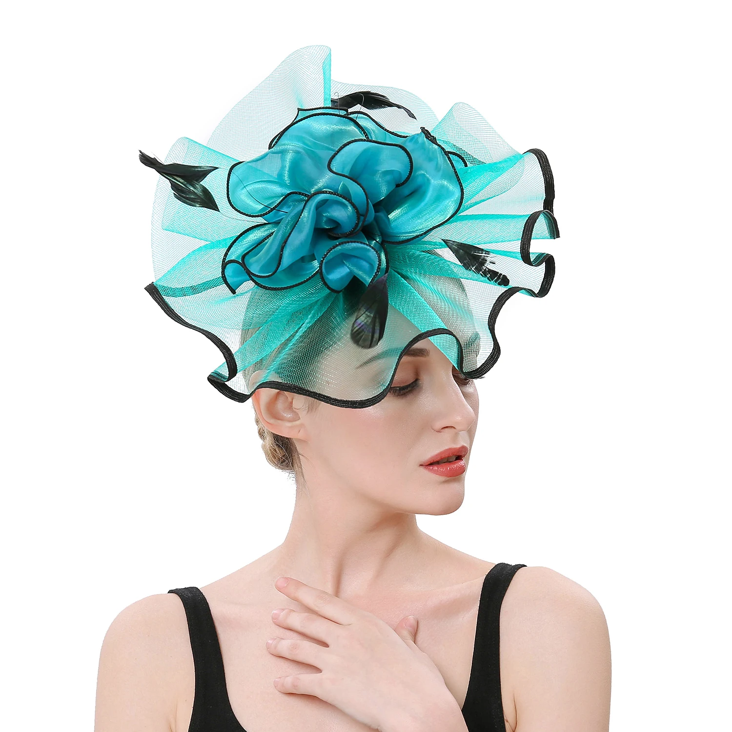 

Bridal Fascinator Hat Feather Organza Flower Clip Ascot Kentucky Derby Headwear Party Photography Head Dress for Women Girls