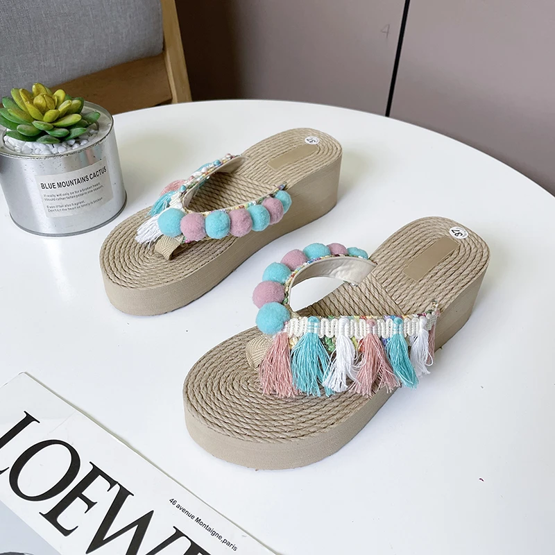 

Summer Faux Grass Woven Women Sandals Fashion Flat Shoes Beach Sandals Casual Sandals Women Shoes Flip Flops Slide Zapatos Mujer