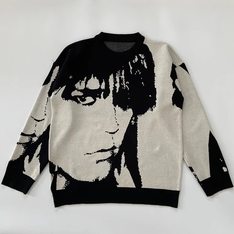 Мужская Уличная одежда, винтажный трикотажный свитер в стиле ретро и японского аниме с портретным принтом, осень 2021, хлопковый пуловер
