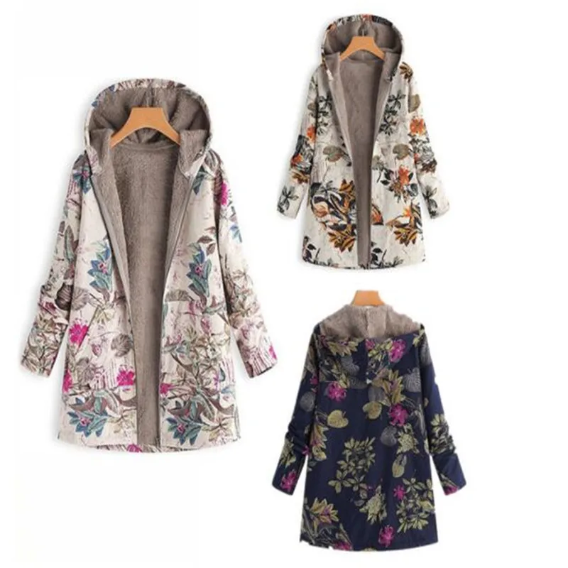 

2023 New Women Winter Warm Floral Hooded Jacket Flower Print Hoody Vintage Oversized Coats Winter Padded Jacket Women Parkas