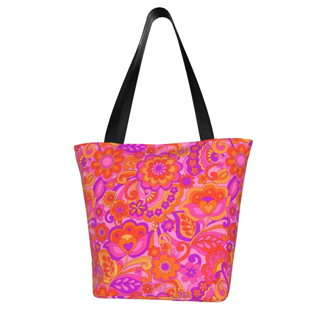 

Pink Flower Power Shopping Bag 60s inspired Happy Design School Female Handbag Bulk Retro Cloth Bags