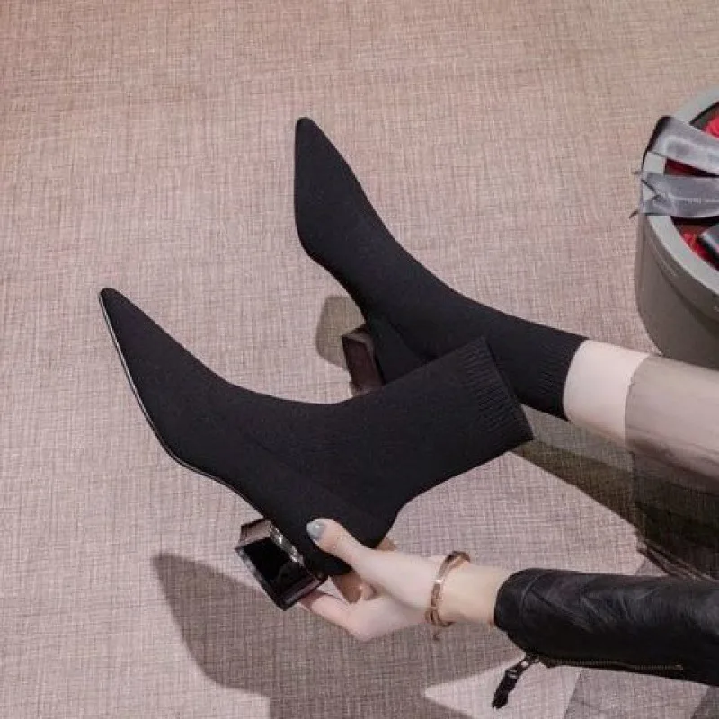 

Women's Dress Pointed Mid-heeled Short Ankle Boot Female Autumn 2022 Knitted Block Low Heel High Socks Boots Shoes for women