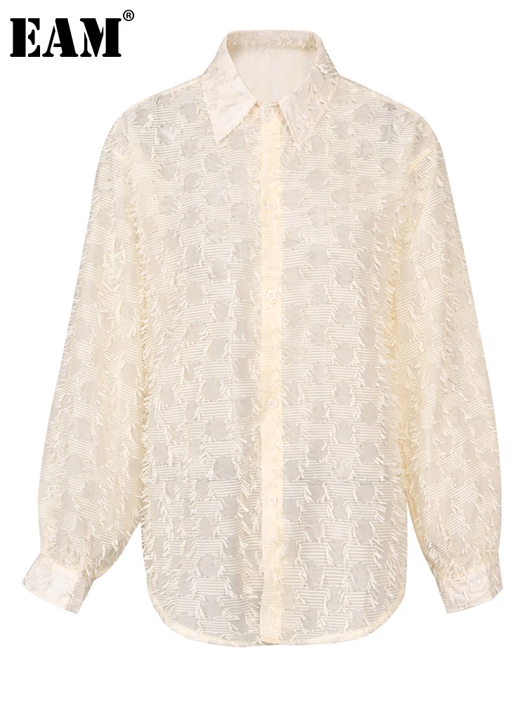 

[EAM] Women Apricot Burr Thin Big Size Elegant Blouse New Lapel Long Sleeve Loose Fit Shirt Fashion Spring Autumn 2023 1DF9368