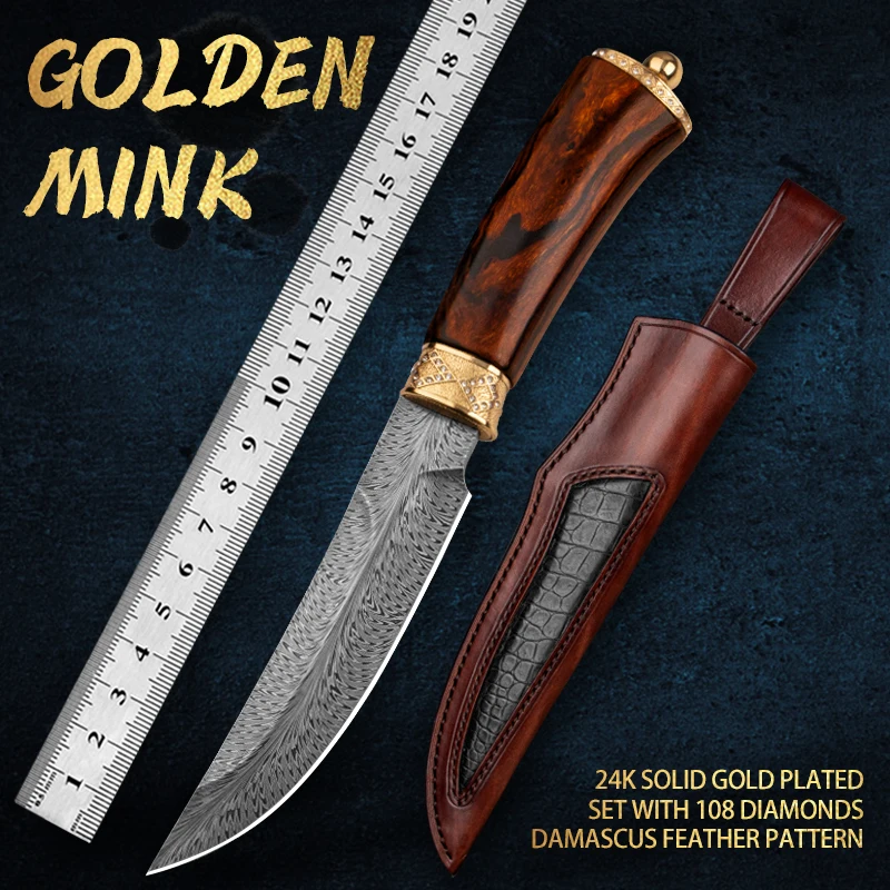 

Damascus feather pattern high-end collection knife handmade knife camping hunting knife outdoor knife fixed blade