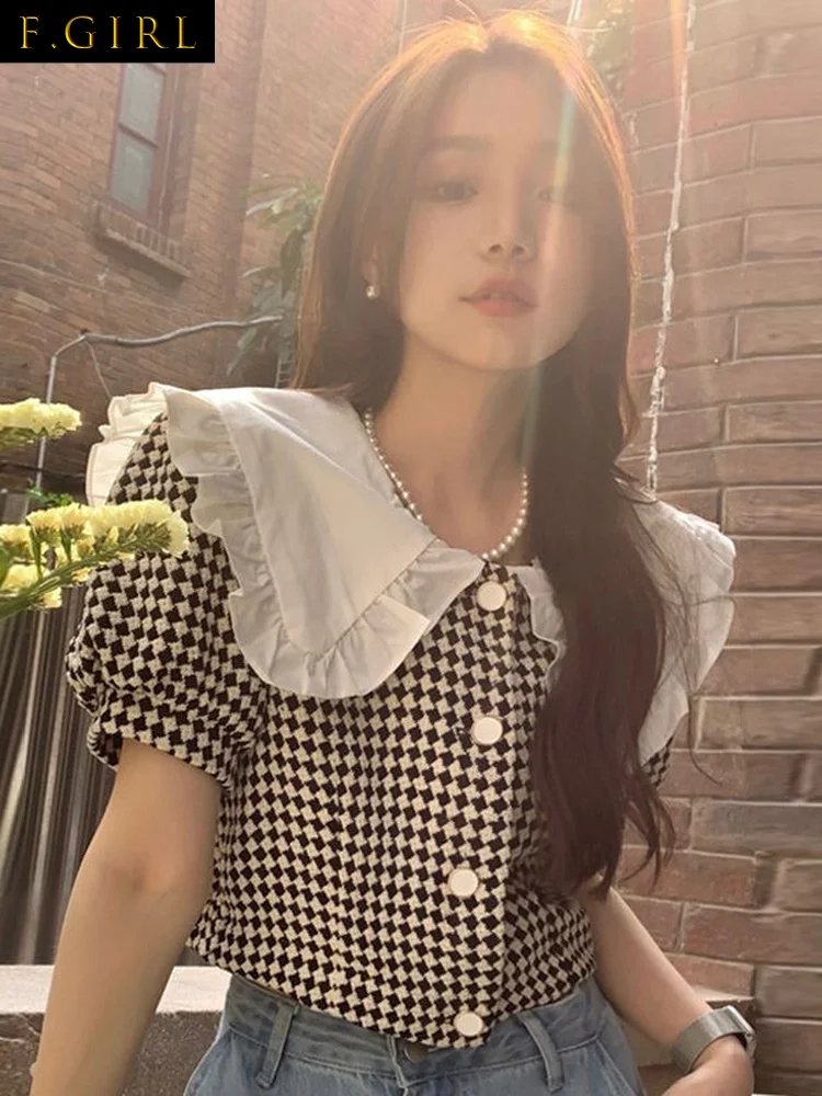 F GIRLS  Korean Chic Puff Short Sleeve Blouse Summer Elegant Turn Down Collar Womens Shirts 2022 Black Straight Plaid Thin Tops