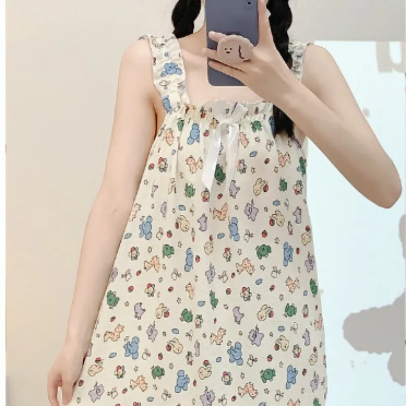 2023 New Summer One-Piece Sleepwear For Women-F-Novelty Comfort Home Wear Floral Printing Slash-Neck Sweets Sleepgown With Bow
