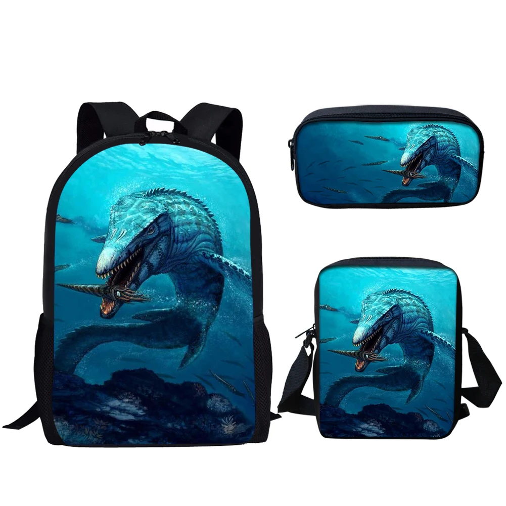 Belidome 3Pcs School Bag Set for Teen Boys Mosasaurus Dinosaur Print Kids Backpack for Primary Students Book Bags Back to School