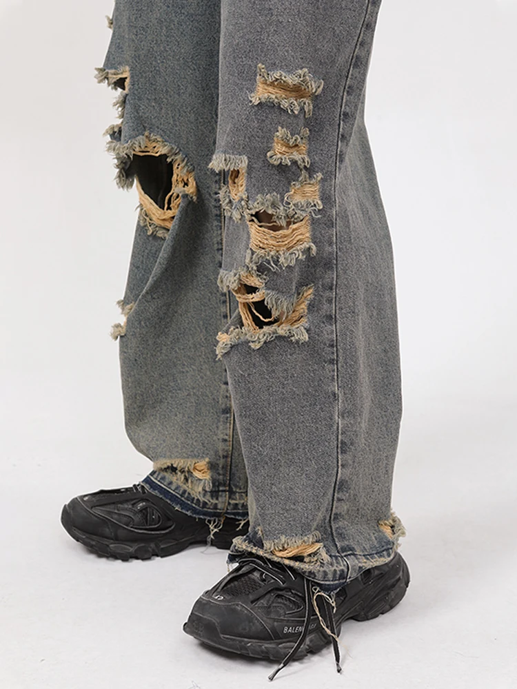 HOUZHOU Vintage Distressed Jeans Pants Men Ripped Jeans for Men Y2K Blue Denim Trousers Male Retro Japanese Streetwear Hip Hop