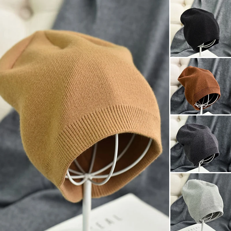 

Осенне-зимние вязаные шапки унисекс, кашемировые шерстяные вязаные теплые уши, эластичный пуловер, шапки, облегающие шапки, однотонные мягкие шапочки