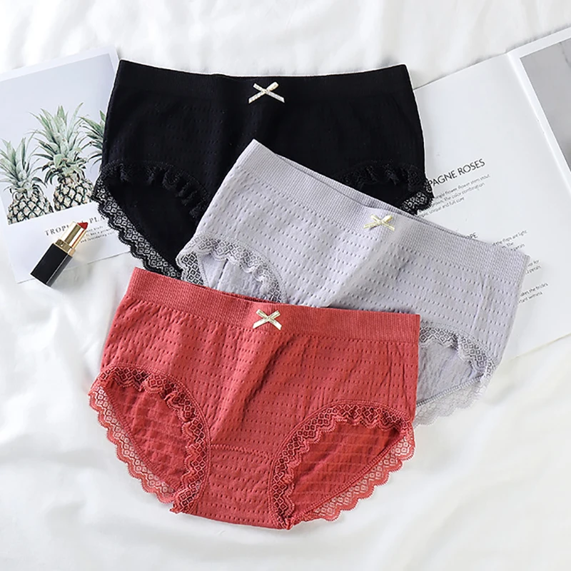 

Women Cotton Panties Sexy Lace Underwear Solid Briefs Mid Rise Female Underpants Thin Breathable Lingerie