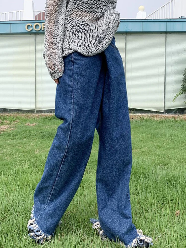 

Джинсы женские с завышенной талией, классические синие мешковатые широкие брюки из денима с бахромой, винтажные повседневные Прямые джинсо...