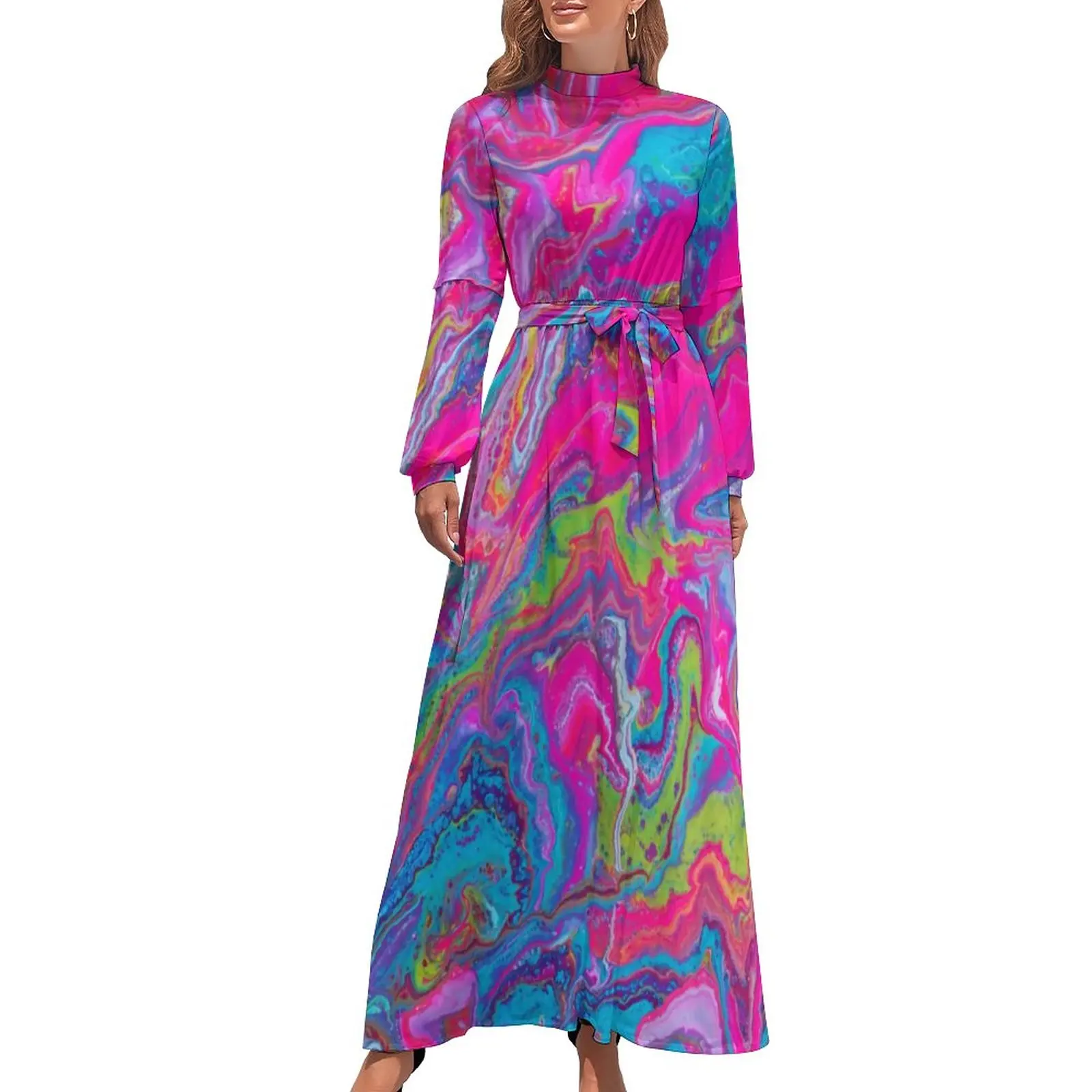 

Watercolor Psychedelic Dress Modern Pink and Blue Kawaii Maxi Dress Street Fashion Beach Long Dresses High Waist Pattern Clothes