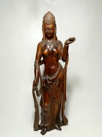 yizhu cultuer art chinese boxwood wood hand carved buddhism guanyin kwan yin goddess statue collectable h 8 8 inch