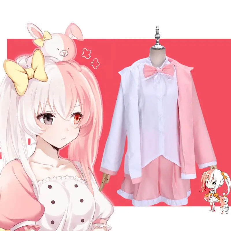 Nieuwe Dangan Ronpa Monomi Cosplay Kostuum Roze Lange Pruik Beer Speelgoed Danganronpa Monokuma Jkuniform Capuchon Set Shirt