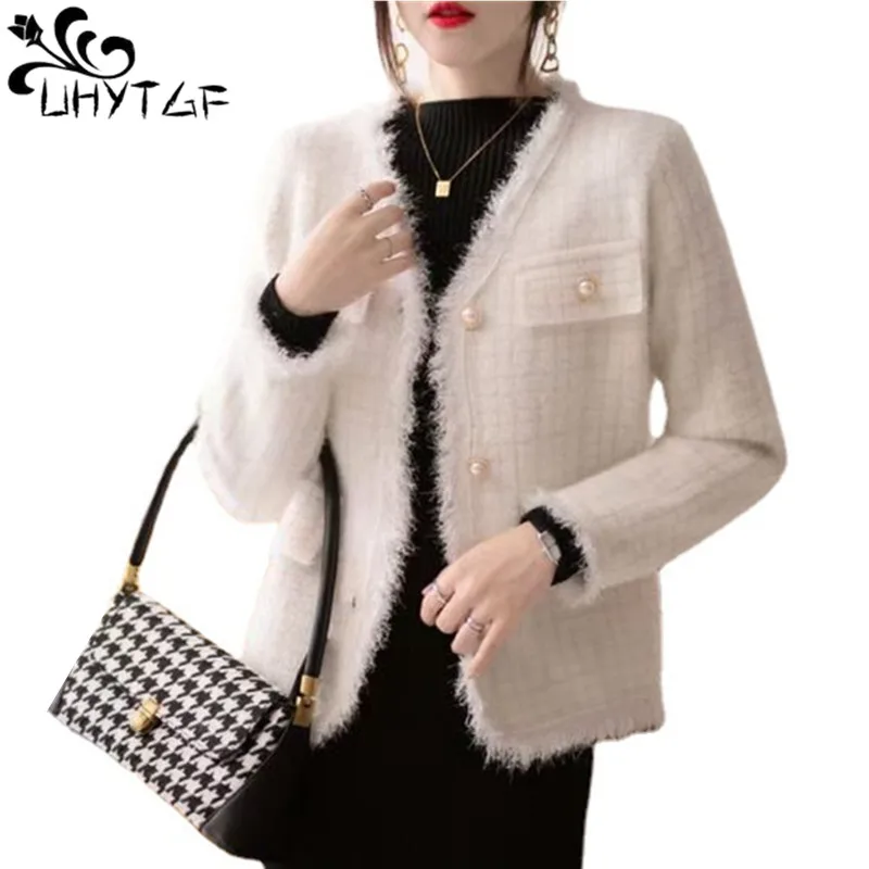 Женский вязаный кардиган UHYTGF куртка из искусственной норки и бархата