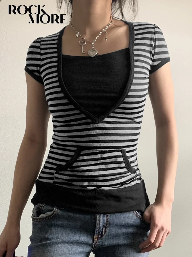 

Rockmore Summer Striped T Shirts Women Y2K Patchwork Short Sleeve T-shirt Gothic Aesthetic Casual Basic Pocket Top Tee Fairycore