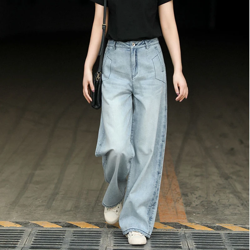 

T 2023 Spring New Korea Fashion Women High Waist Cotton Denim Straight Pants Side Stripe All-matched Casual Loose Jeans C237