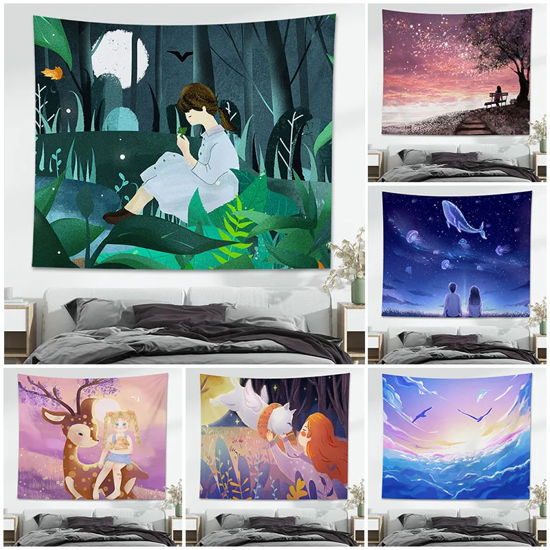 

Kids Girls Healing Peaceful Night Starry Sky Tapestry Home Dorm Living Room Wall Hanging Decor Carpet Cloth