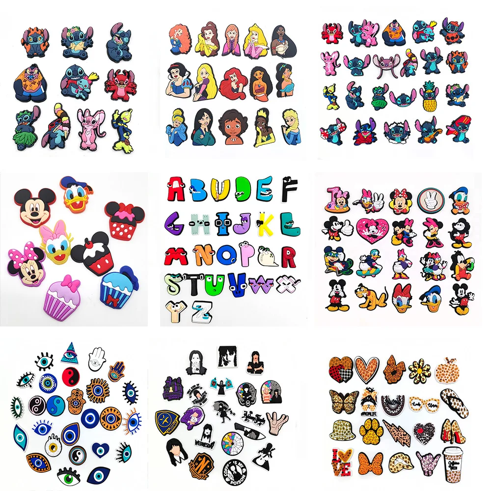 

Hot jibz 1 set Pack 9 kinds cartoon croc charm Shoe Charms wholesale DIY PVC Shoe Aceessories Fit Sandals Decorate kids Gifts