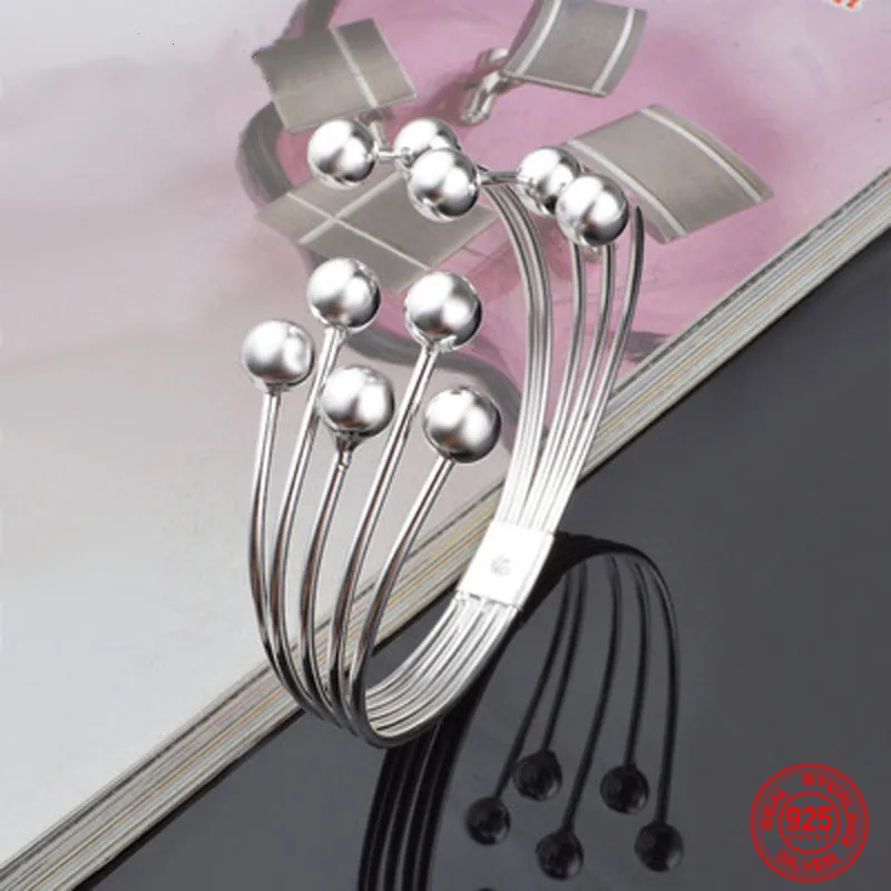 

925 Silver Bead Open Cuff Bracelet Bangle For Women Men Christmas Jewelry Wedding Party Gift