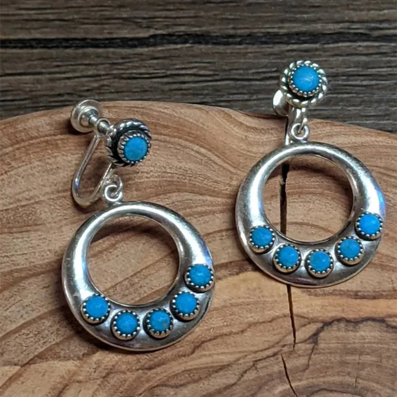 

Fashion Vintage Dangle Earrings For Women Boho Ethnic Beads Blue Stone Ear Clip Adjustable Drop Earrings Multipurpose Jewelry