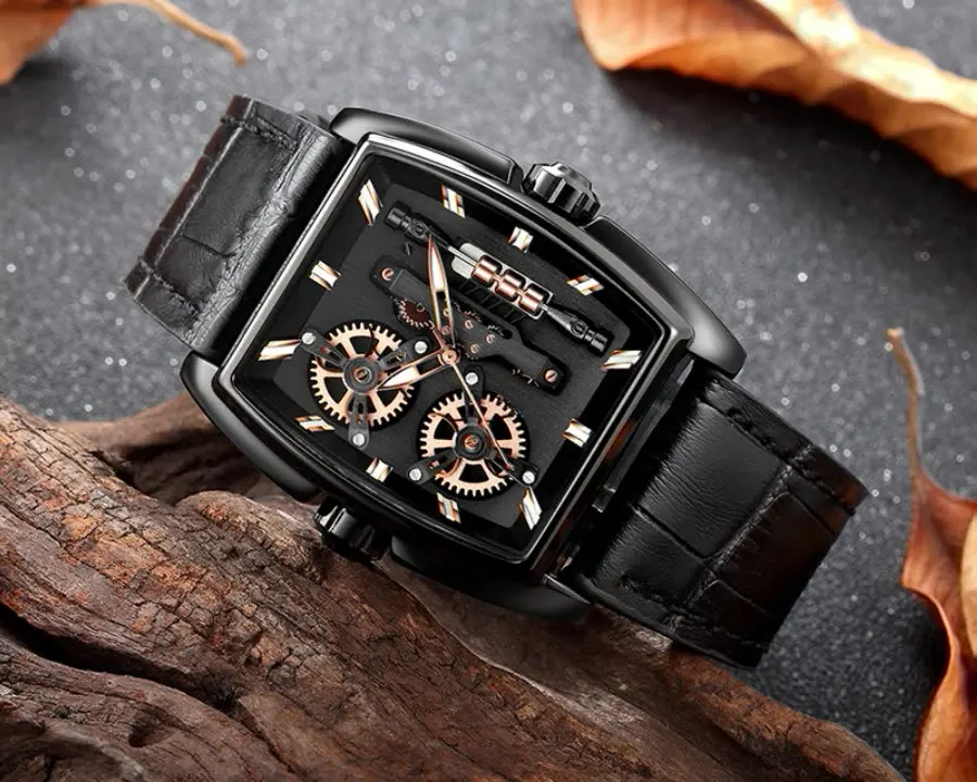 New Gear Men's Quartz Watch Top Brand Luxury Wine Barrel Sport Watch Black Leather Strap Business Personality  Wrist Watch,A160G