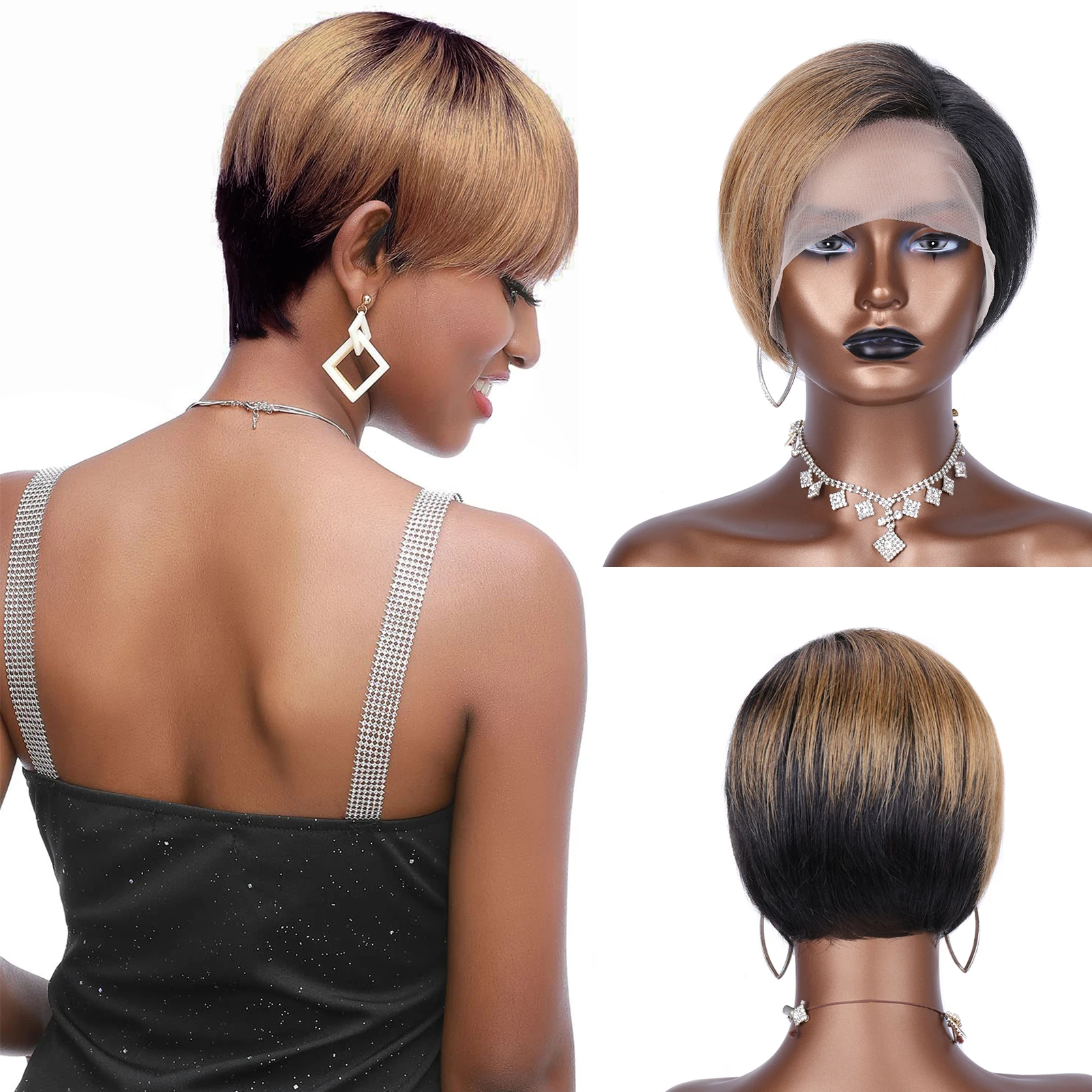 

Коричневые черные короткие парики омбре с черными корнями и хвостом, прямые волосы с боковым разделением, парик на сетке спереди