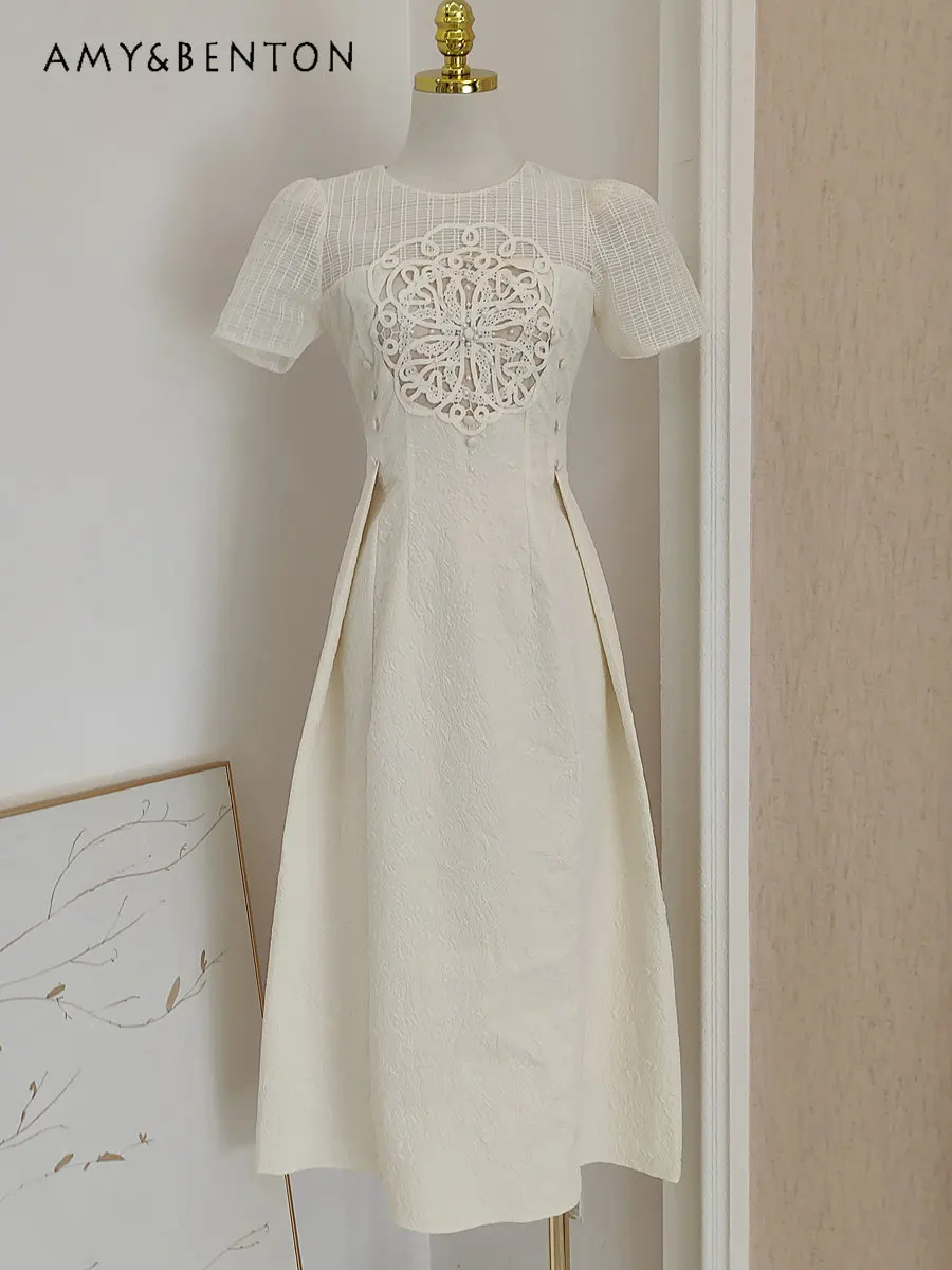 

Новинка лета 2023, Сетчатое жаккардовое облегающее Платье трапециевидного силуэта с вышивкой и рельефным узором на талии во французском стил...