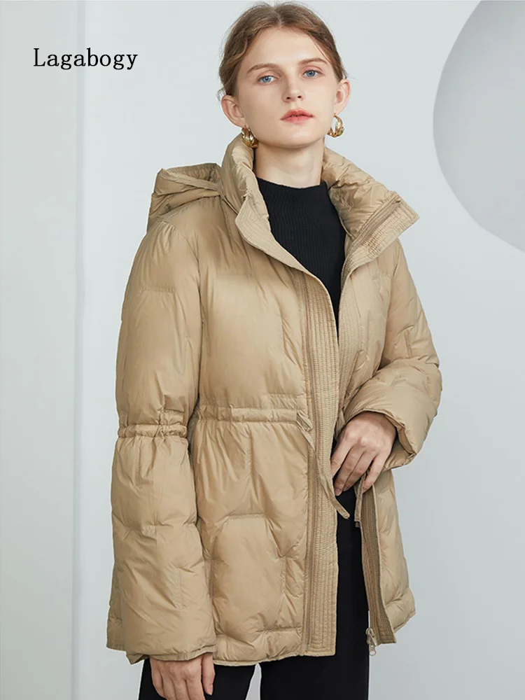 

2022 New Winter Stand Collar Hooded Warm Puffer Jacket Women's Short Drawstring 90% White Duck Down Coat Female Parkas