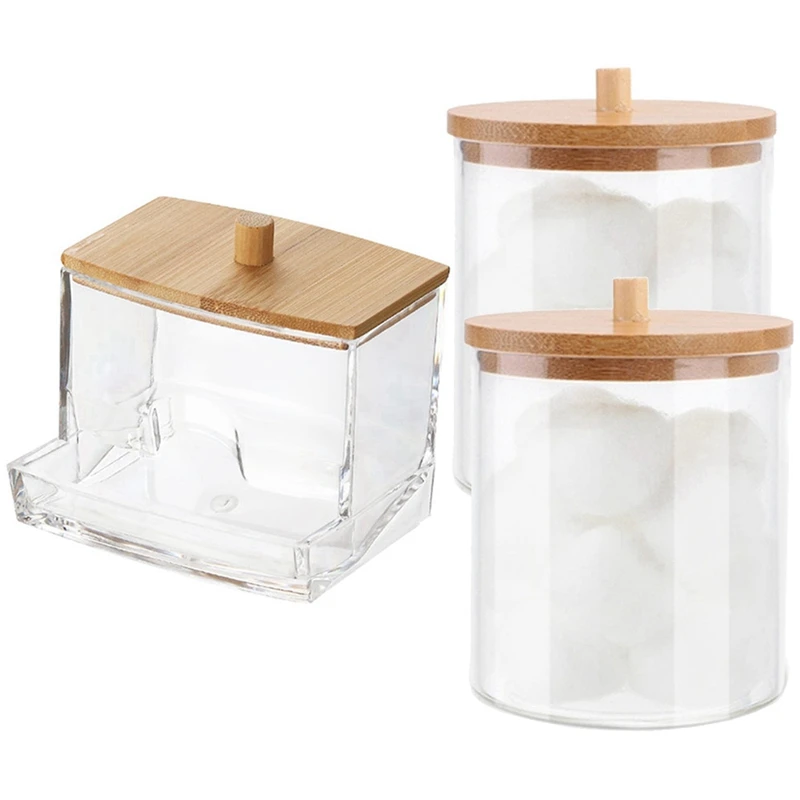 

A63I Cotton Swab Storage Box with Bamboo Lid Bathroom Container, Cotton Ball/Swab Dispenser, Jar Storage Box