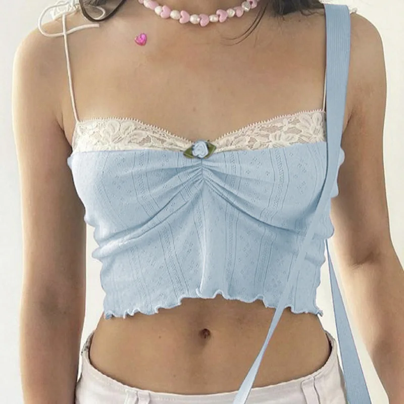 

Pink Blue Lace Patchwork Y2K Camisole Sexy Spaghetti Strap Chic Cropped Women Outfits Aesthetic 90s Slim Folds Floral Shirts