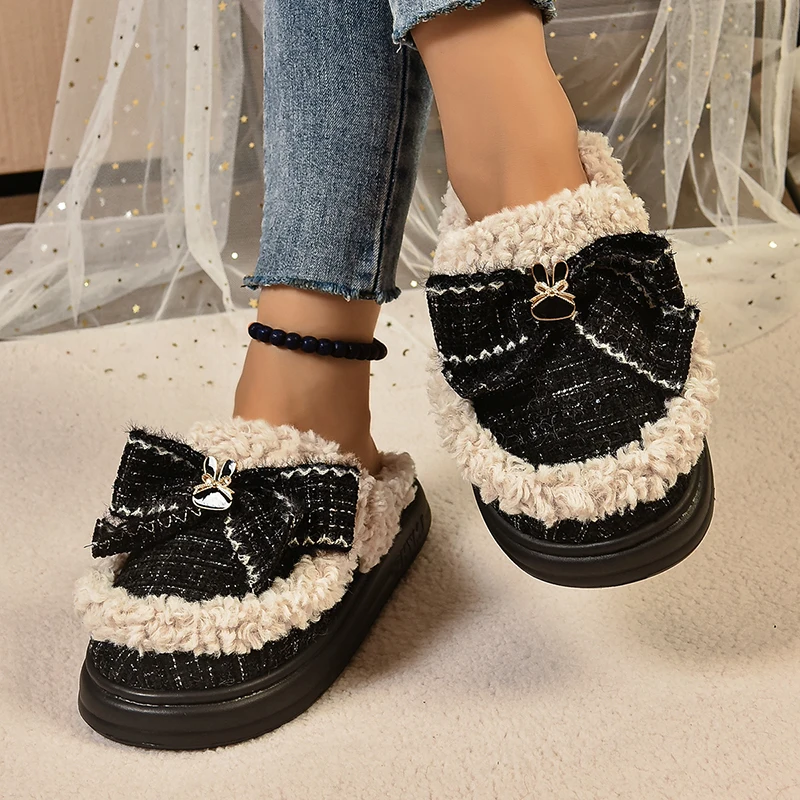 Модные плюшевые домашние тапочки для женщин с узлом-бабочкой теплая