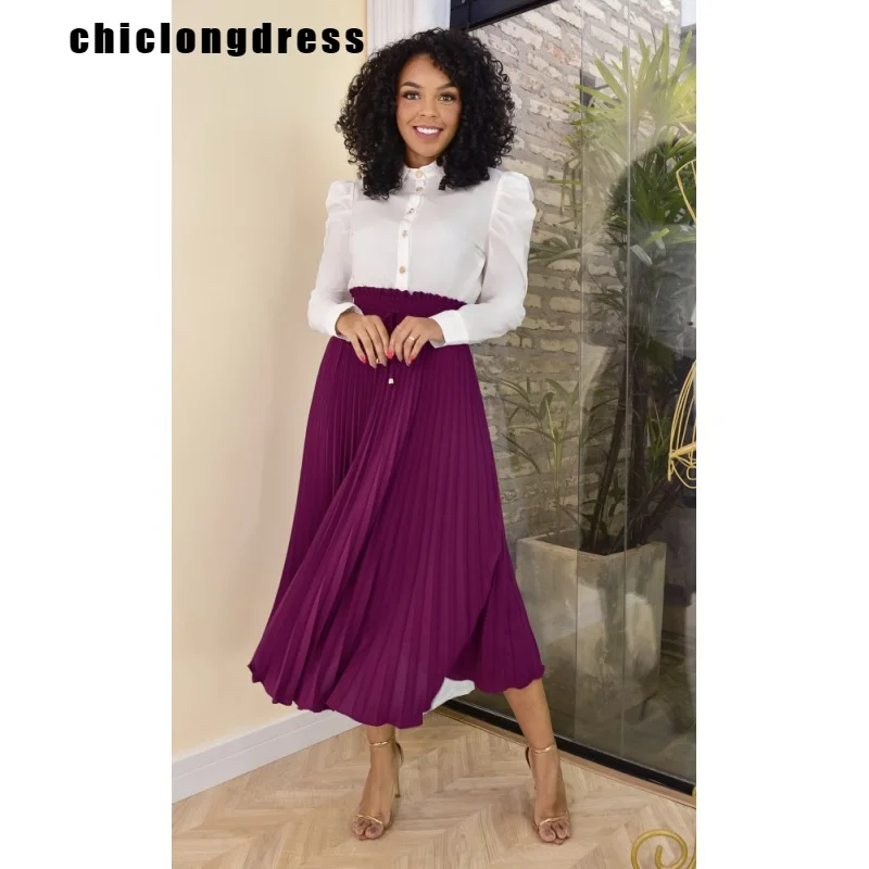 

Spring Summer Women Elegant Solid Pleated Skirt Fashion High Waist Elastic Mid-length Pleated Skirt Women