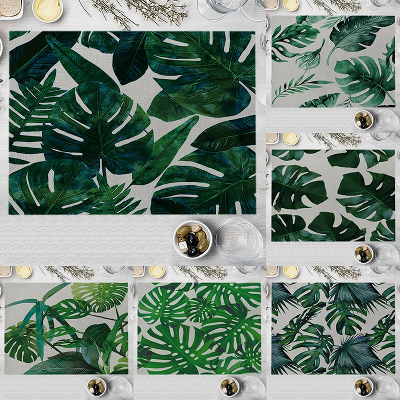 

32x42cm Tropical Green Leaves Kitchen Placemat Ins Nordic Palm Plant Dining Table Mat Heat Insulation Cotton Linen Coaster Pad