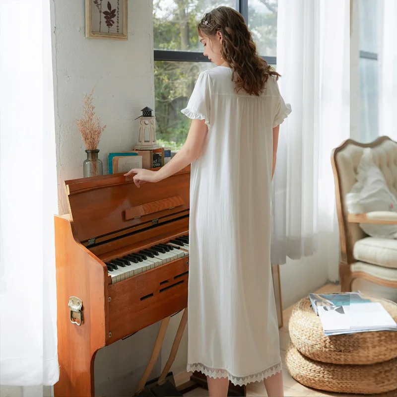 Spring and Autumn Women's Nightdress Short Sleeve Lace Palace Princess Sweet Long Home Wear Loose Sleepwear Women Sleep Tops