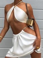 y2k sexy metal halter satin crop top white mini skirts 2 piece sets women 2022 summer backless bandage party dresses beachwear